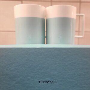 Tiffany & Co Set of 2 (new in box) pastel blue and white bone china cups 4" tall